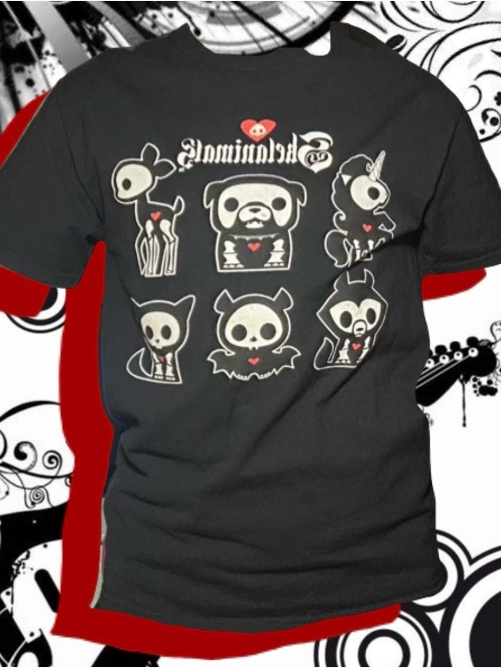 Skelanimals Black Graphic Short Sleeve Tee with White and Red Accents